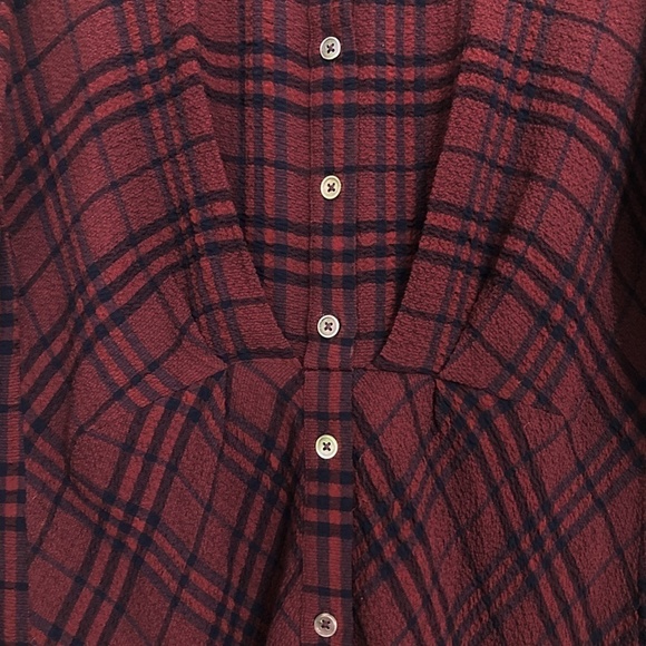 THAKOON COLLECTIVE Crinkle Crepe Plaid Dark Academia ShirtDress Maroon Designer - Picture 11 of 14